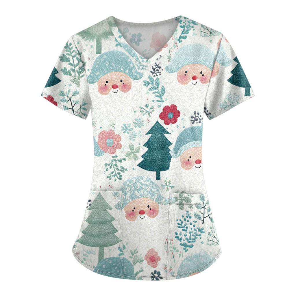 Women's Christmas Printing Short Sleeve V-neck Tops Working Pocket Blouse