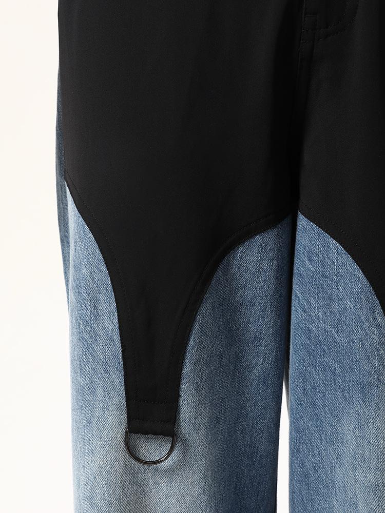 Herbst Europäischer Amerikanischer Stil Schwarz Blau Unregelmäßiger Patchwork Weiter Bein Laufsteg Jeans für Damen