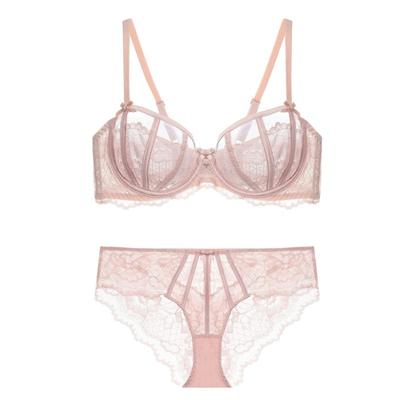 Women's Floral Lace Sheer Mesh Push Up Bra  Underwire Balconette Bralette with PantySexy Lingerie Set for Women
