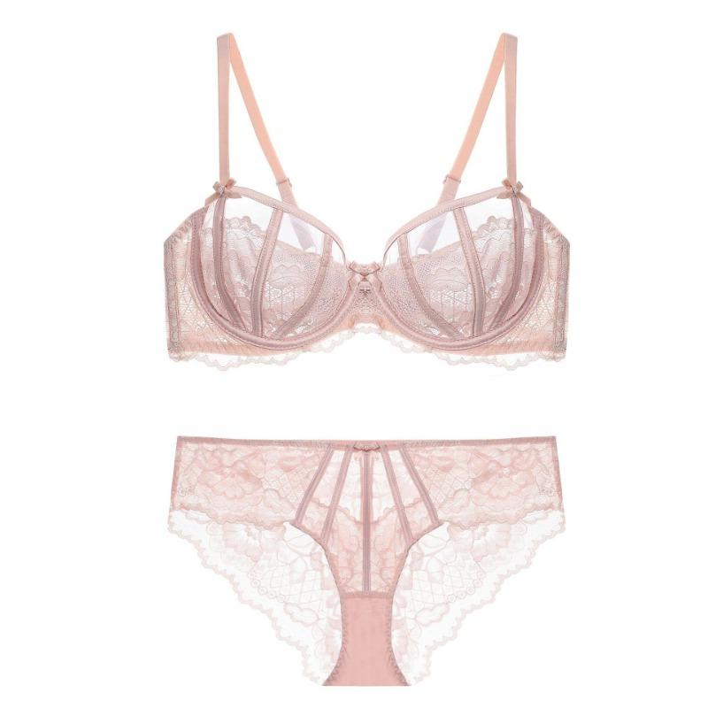 Women's Floral Lace Sheer Mesh Push Up Bra Underwire Balconette Bralette with PantySexy Lingerie Set for Women