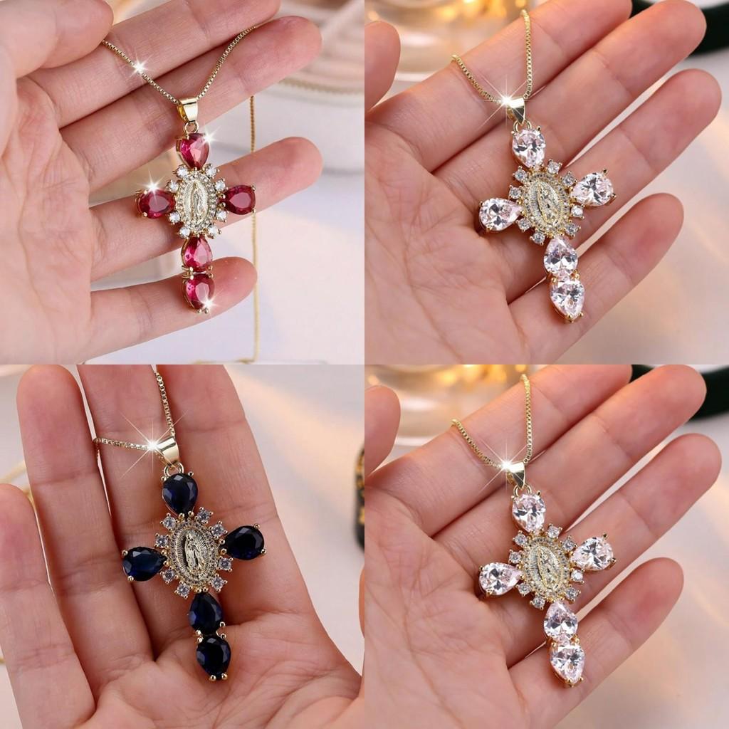 Stunning Full Rhinestone Virgin Mary Cross Necklace For Women With Unique Geometric Design