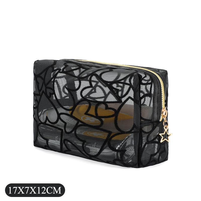 1pc Women Makeup Bag, Mesh Heart Flocked Decor,  Minimalist Mesh Heart Design Large Capacity, For Daily Use & Travel Makeup