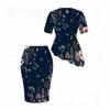 Women Plus Size Dark Green Gold Floral Printed Round Neck Short Sleeve Asymmetric Top Fitted Skirt Two Piece Set