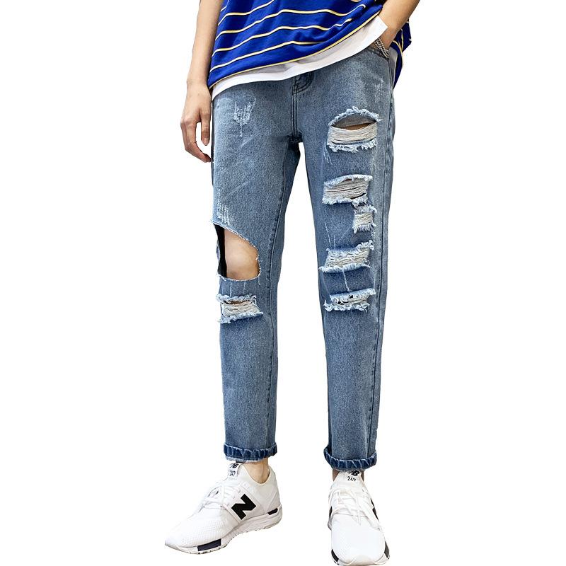 Spring New Men's Broken Hole Denim Crop Pants Men's Korean Version Loose Straight Leg Lightweight and Breathable Beggar Pants Men's