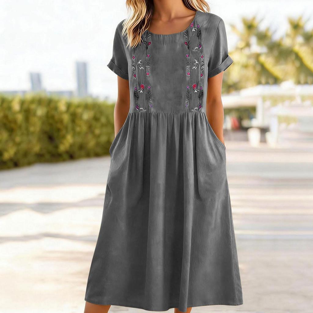 Women's Cotton And Linen Embroidered Printed Round Neck Pocket Short Sleeved Dress