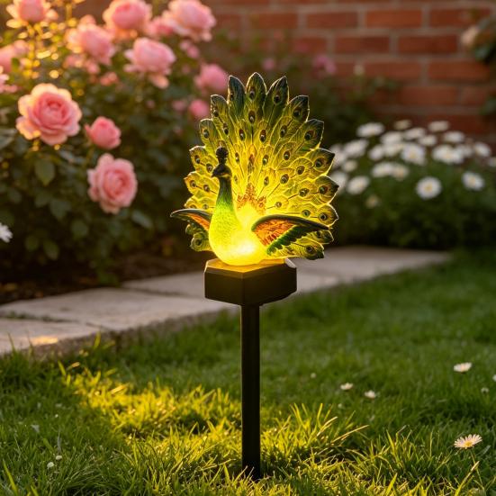Outdoor Waterproof Metal Decor Solar Peacock Garden Statue, Lighted Sculpture, Art Sculptures LED Light for Patio Lawn Yard Pathway Decoration Stakes