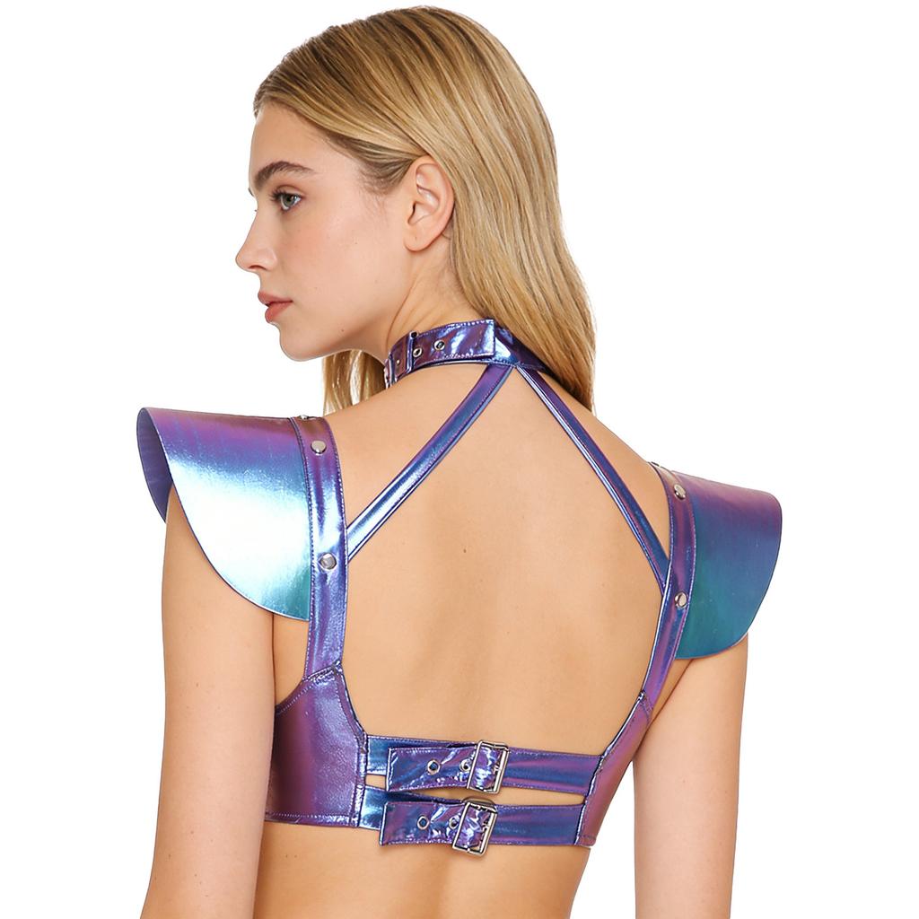 S-XXL Damen Glitzer Gothic Crop Top Neckholder Fledermausärmel Nietenbesatz Verstellbare Schnalle Korsett Bustier Schulterpanzer für Rave Club Party