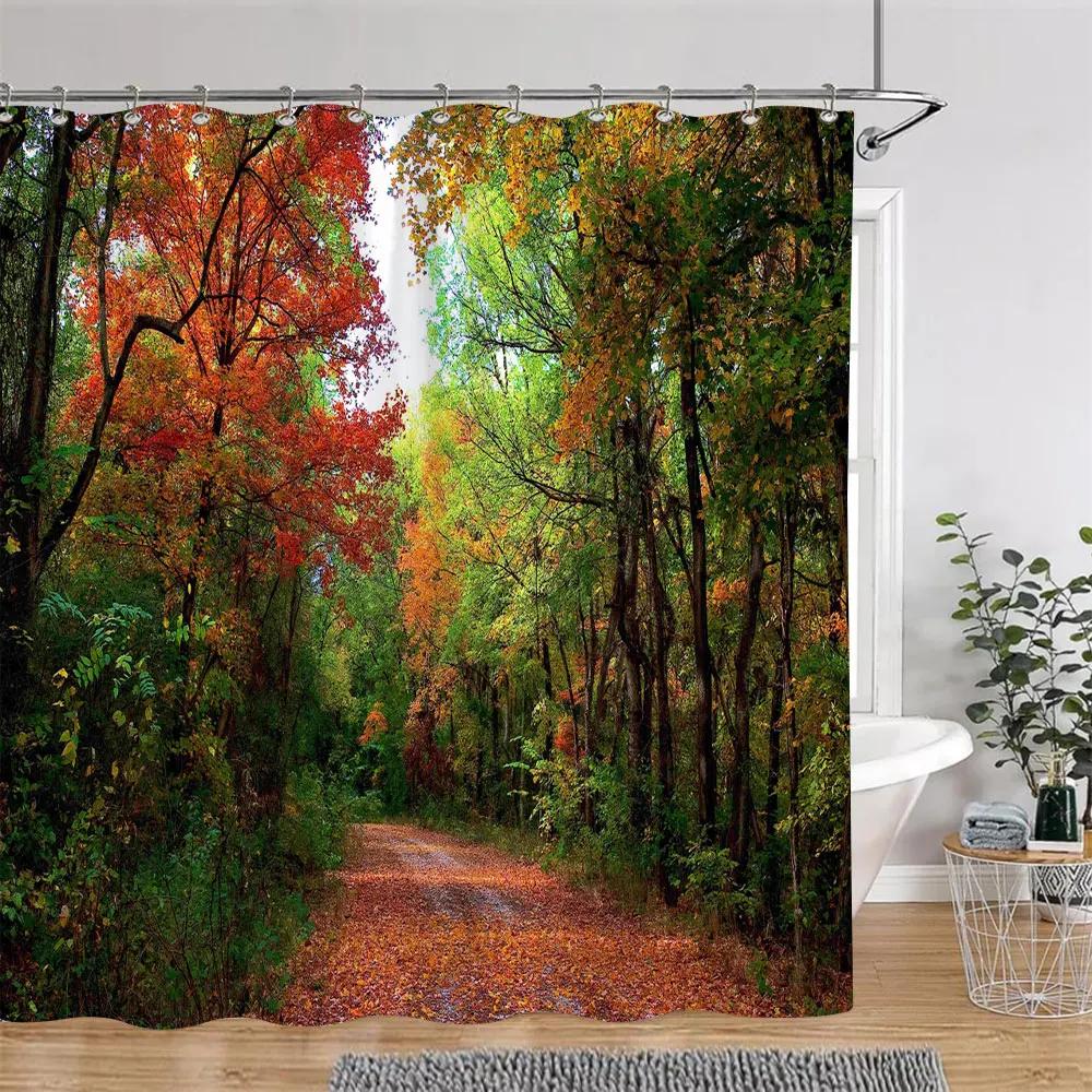 Beautiful Autumn Landscape Shower Curtain Forest Lake Fire Red Golden Leaves Nature Landscape Fabric Bath Curtain Bathroom Decor