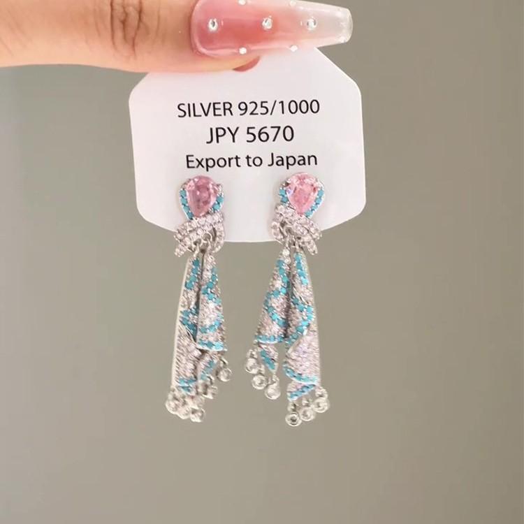 French Luxury Silk Tassel Earrings – Colorful Zircon Long Drop Dangle Earrings for Women, Light & Elegant Statement Jewelry