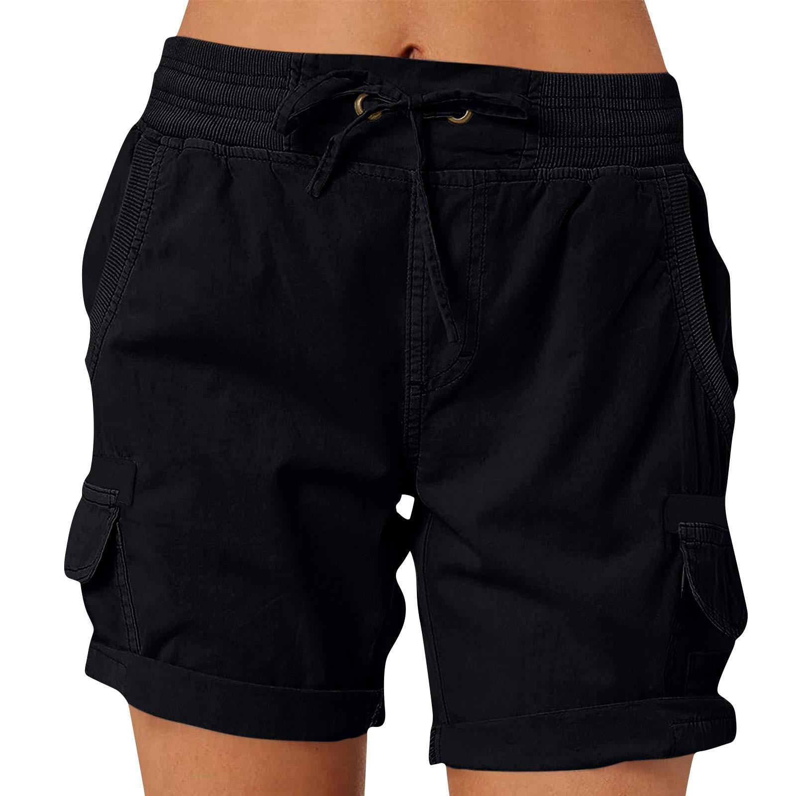 

Жіночі однотонні модні повсякденні робочі штани з кишеньковими шнурками, вільні шорти з еластичною талією XXL чорний
