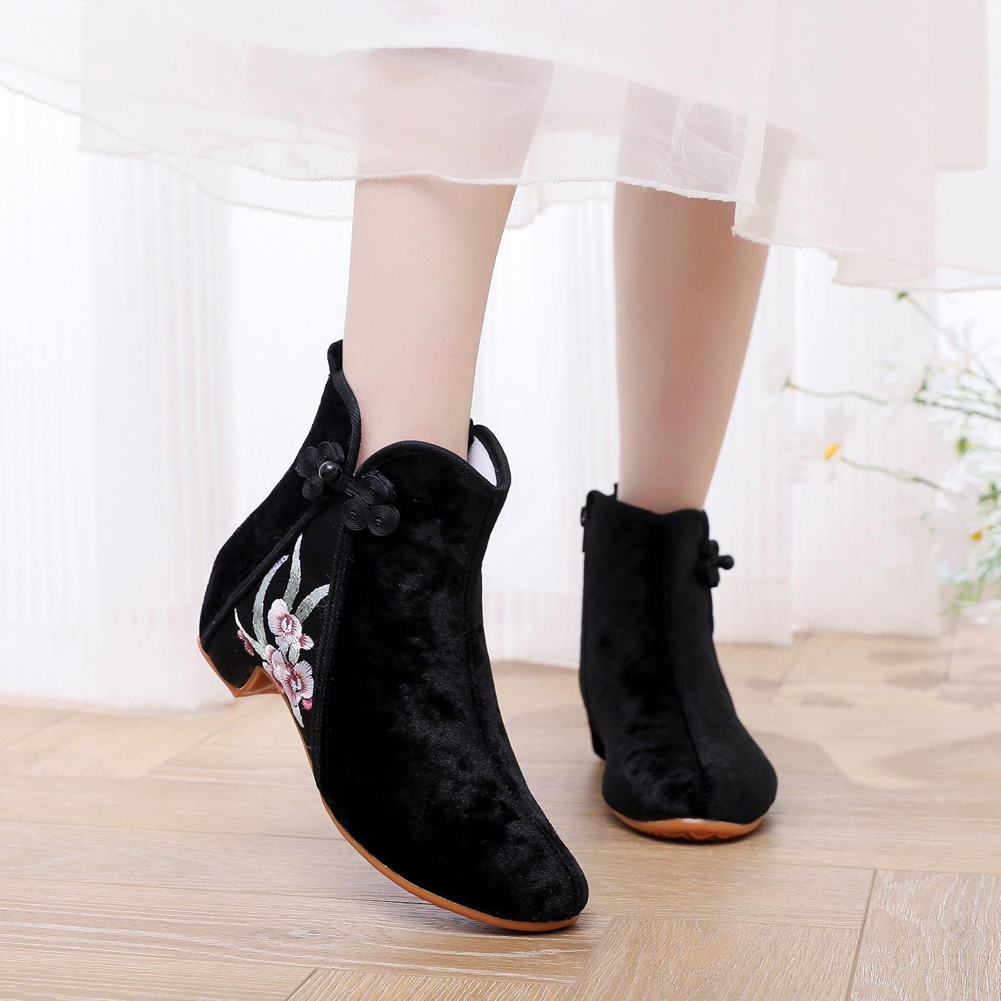

Женские зимние вышитые ботильоны на щиколотке, нескользящие, на низком блочном каблуке, зимние ботильоны с подкладкой из искусственного меха, теплые, удобные флисовые ботинки для ходьбы для женщин 41