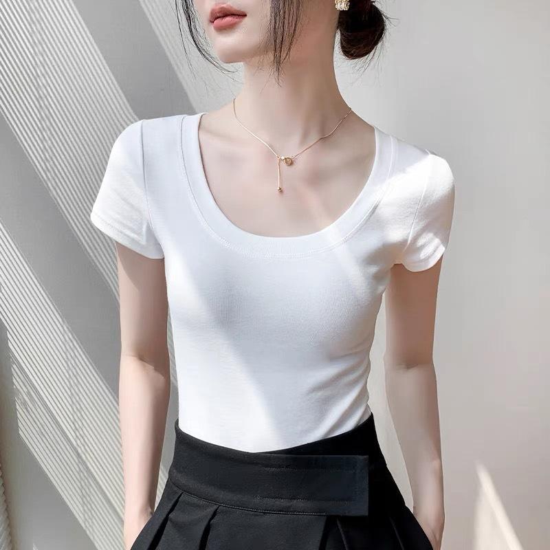 Slim-fit short-sleeved T-shirt women's summer new shoulder pure cotton waist-thin top large neckline bottoming shirt