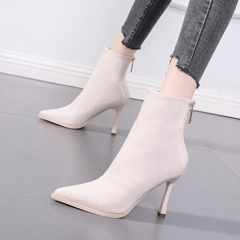 Women's Sexy Pointed Toe High Heels Ankle Boots Autumn Winter Warm Plush Booties Shiny Sequin Short Bota Mujer