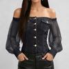 Womens Off Shoulder Denim Style Top Long Sheer Sleeve Button Front Casual Blouse Stretch Waistband