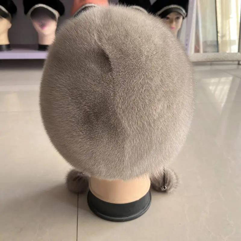 Domo Hat Natural Mink Fur Russian Hat High Quality Balls Cute Hat Fluffy Winter Furry Cap for Women Girls Ear Covered Fur Hat