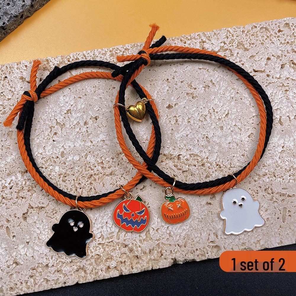 European & American Pumpkin Ghost Magnetic Couple Bracelet Set - Handmade, Adjustable, Elastic, Simple Halloween Design