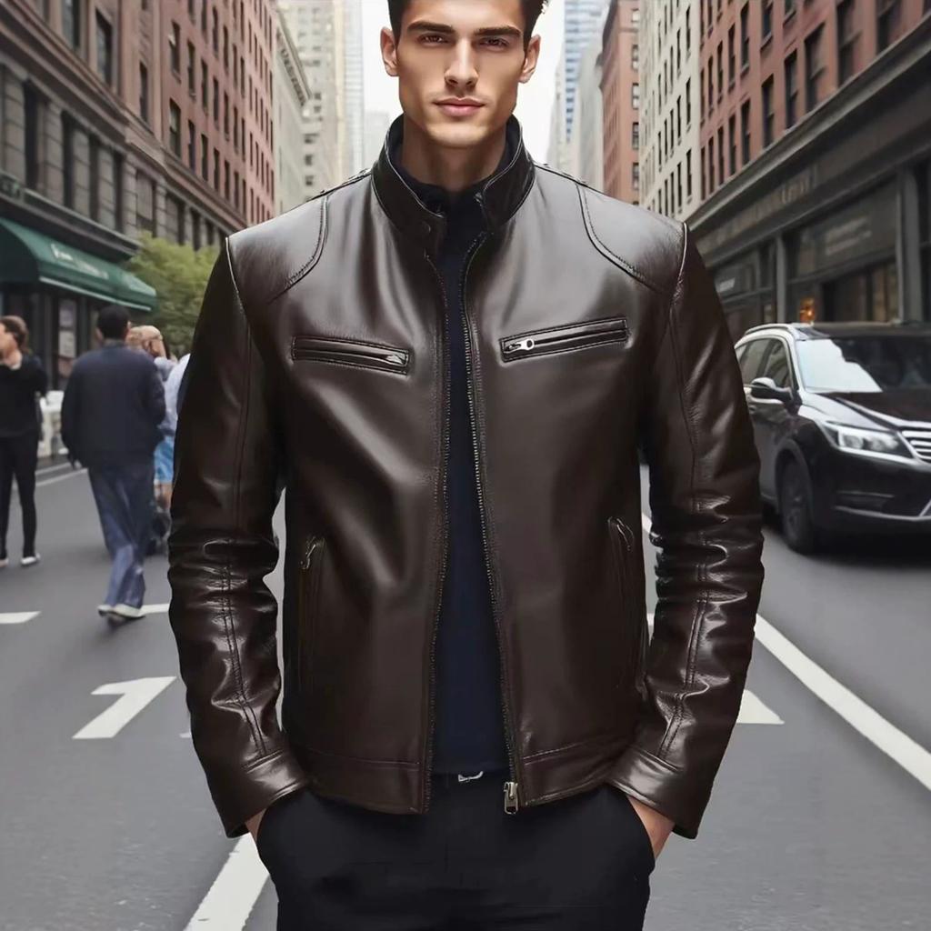 New men's slim-fit PU leather jacket stand-up collar locomotive jacket spring and autumn fashion trendy coat