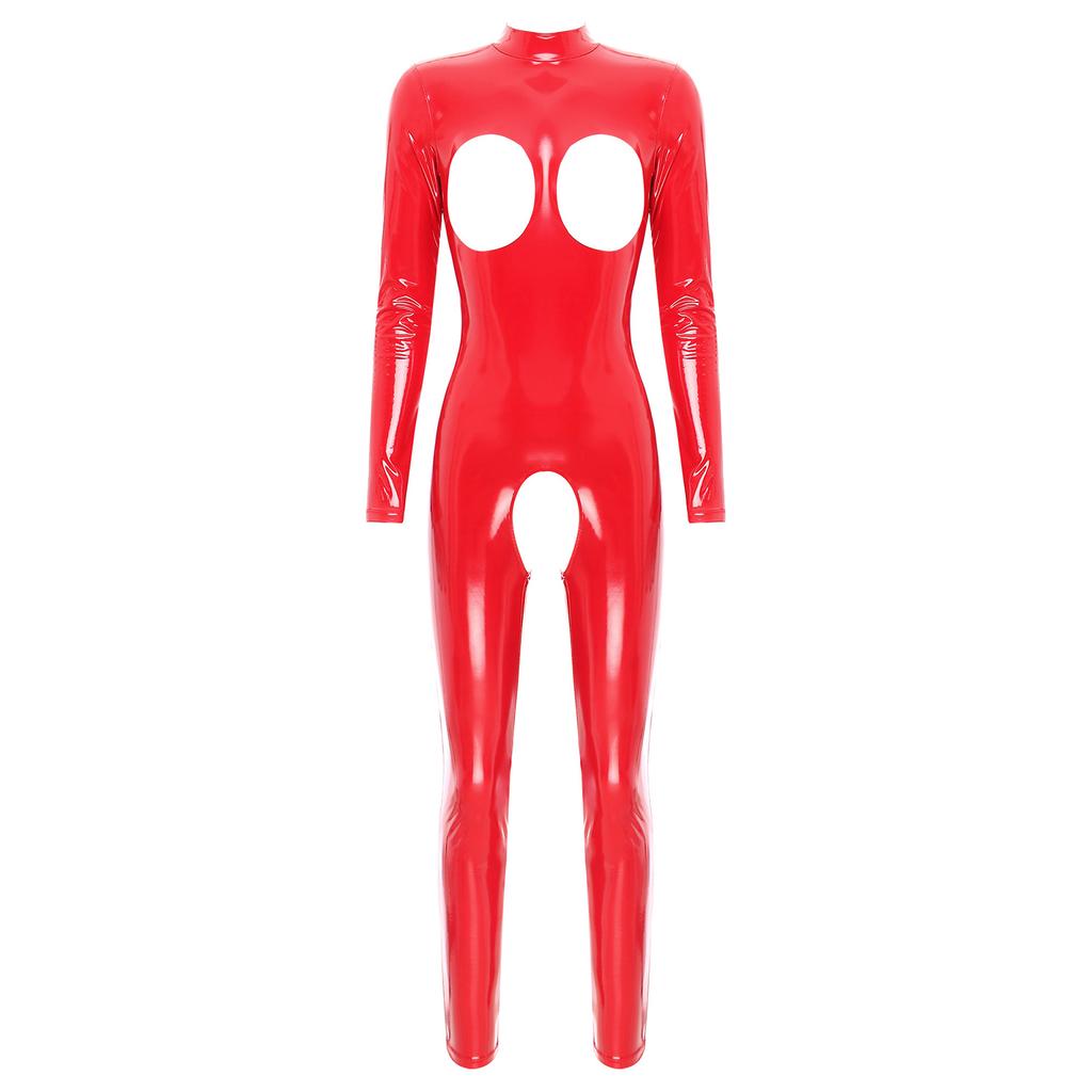 Womens Patent Leather Catsuit Hollow Out Design Mock Neck Long Sleeve Zipper Back Clubwear