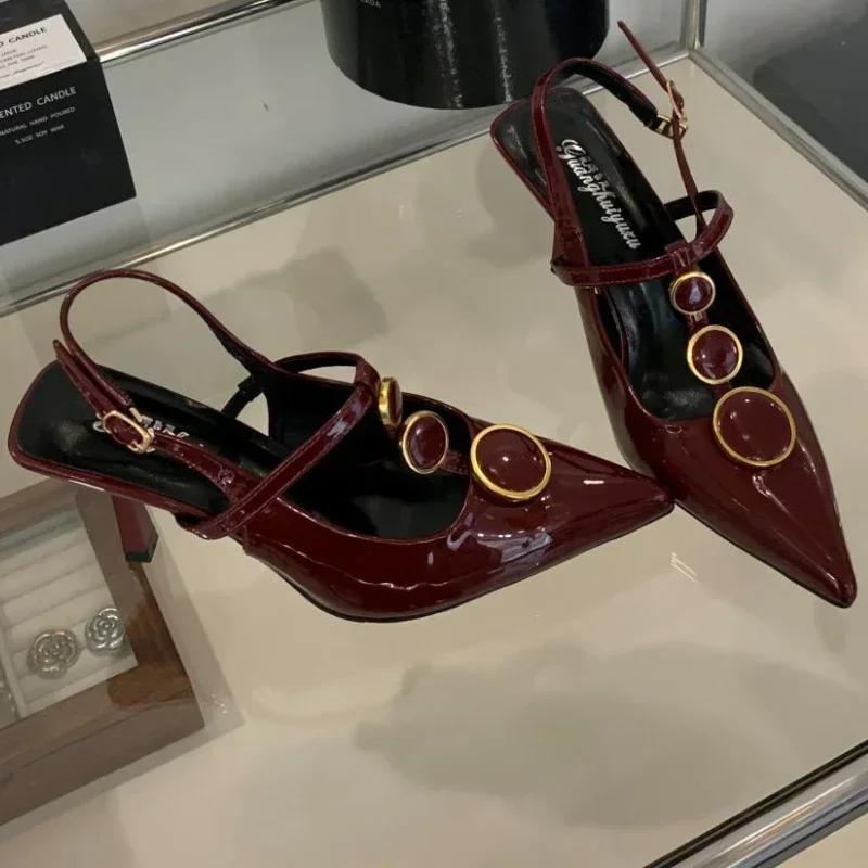 Fashion Sexy Thin High Heels Women Designer T-Strap Banquet Dress Shoe Button Hollow Pointed Toe Office Pumps Female Brand Sandals Women