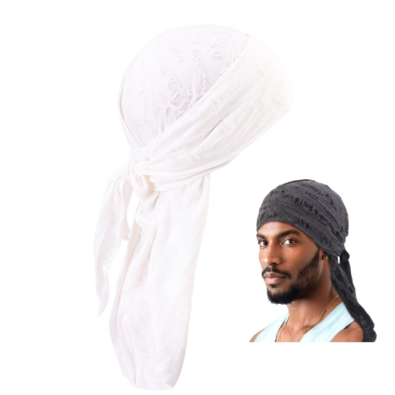 

BERUKO Retro Damaged Cotton Do-rag Hip Hop Bandana Dance Dancer Turban Pirate Cap DURAG (white) білий