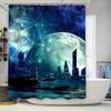 Cortina de Chuveiro Paisagem Urbana Moderna com Céu Noturno Iluminado pela Lua para Decoração de Banheiro Luzes Azuis Tecido Impresso LED Impermeável 72 x 72 Pol (180x