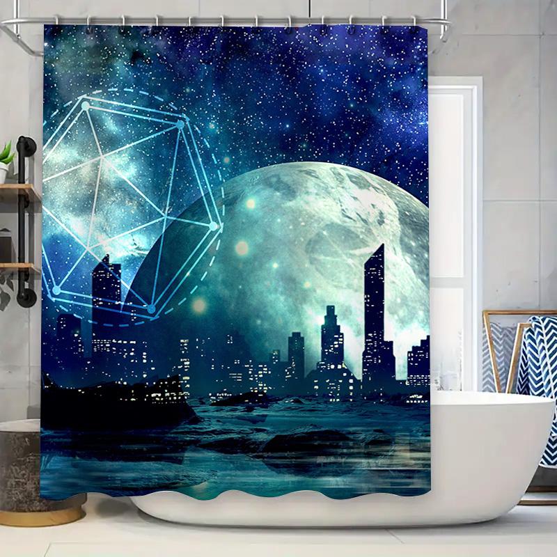 

Modern Cityscape Shower Curtain With Moonlit Night Sky For Bath Decor Blue Lights Led Printed Fabric Waterproof 72 X 72 In (180X W60H190(CM)-1 Pcs