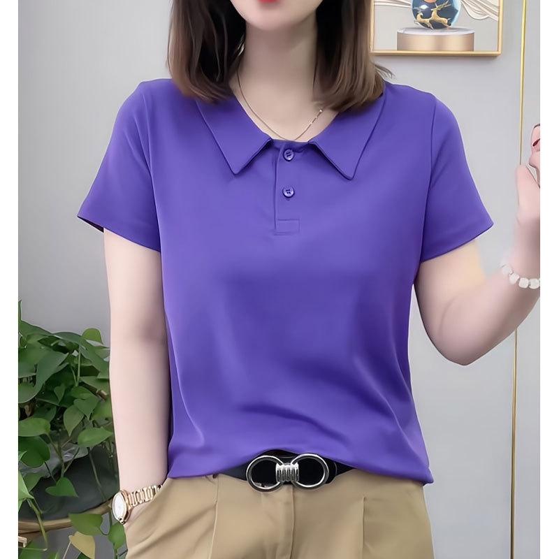 2024 Summer Women's Slim Fit Lapel Polo Shirt, Plus Size Short Sleeve Versatile T-shirt, Purple