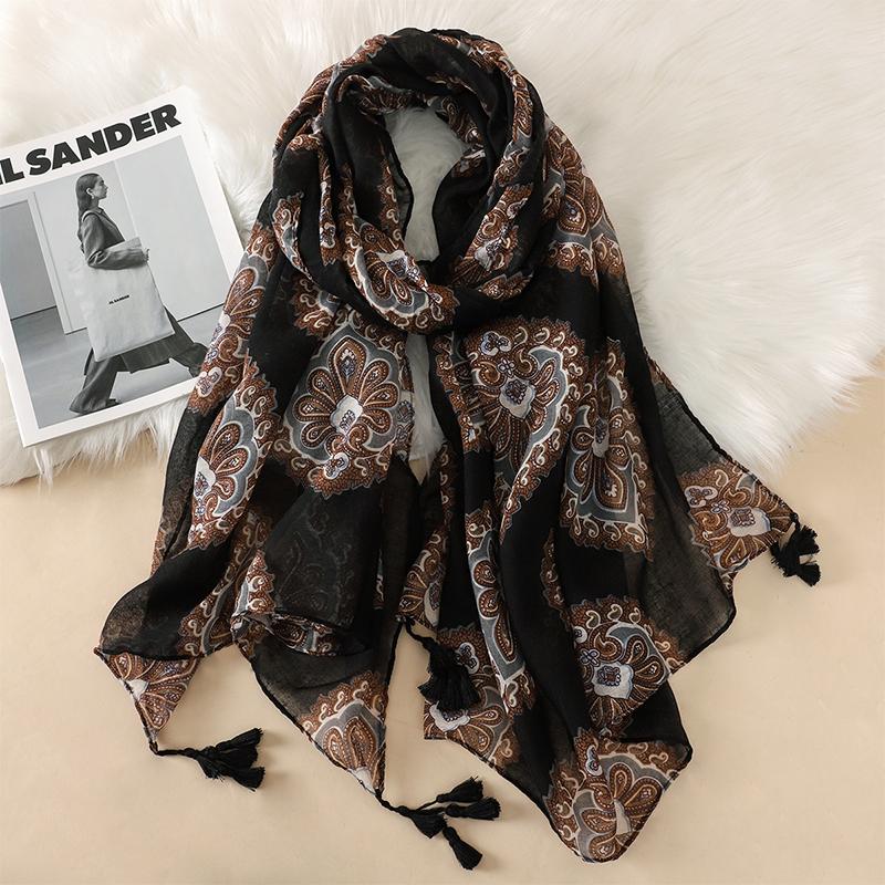 90*180CM New Fashion Printed Soft Linen Cotton Scarf Shawls Abstract Floral Tassel Viscose Scarves Lady High Quality Long Hijab