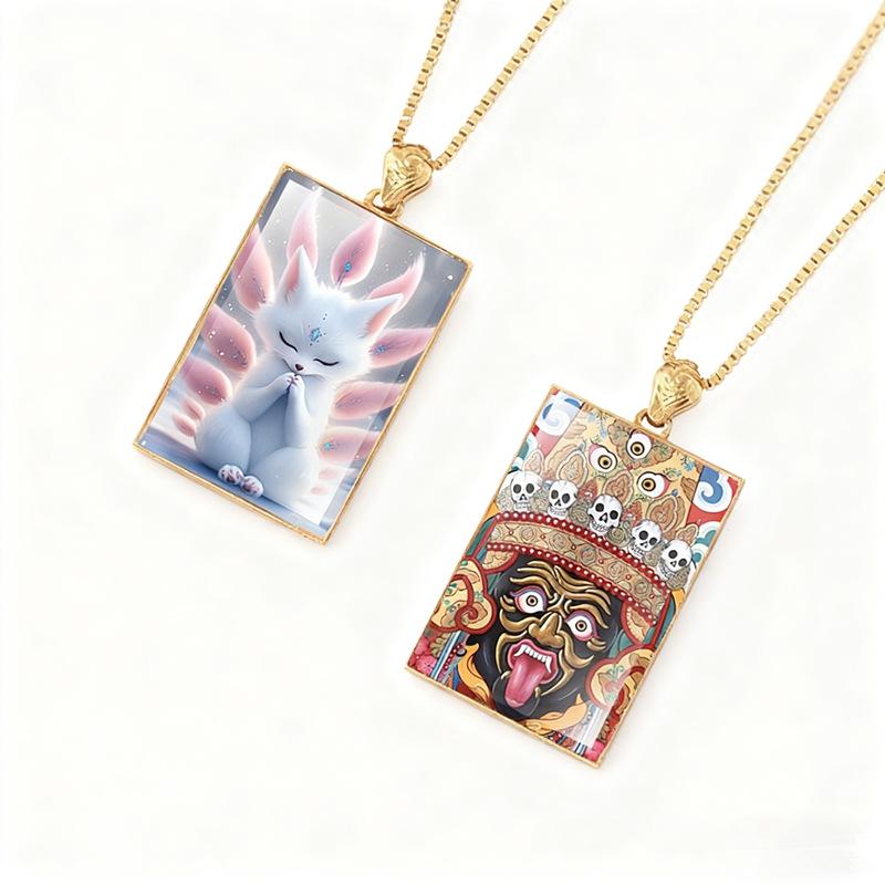 Double-sided Titanium Steel Pendant with Real Gold Plated Gau Box, Hand-painted Green Tara and Wealth Thangka.