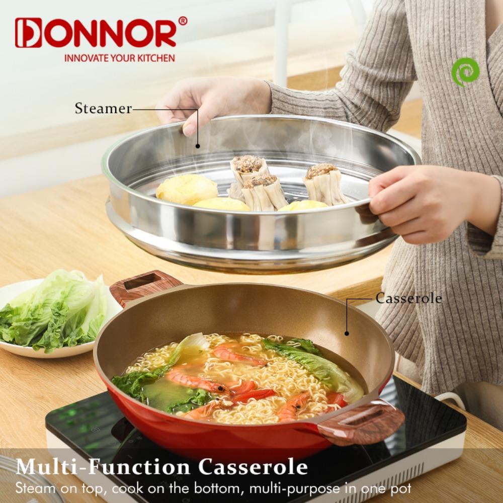 DONNOR Steam Pot Multi-Function Steams on Top/Cook on The Bottom Steamer Soup Pot 5.4L with Stainless Steel Steamer