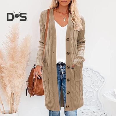 Women Sweater Cardigan V-neck Long Sleeve Twist Texture Knitting Tops with Pockets Solid Color Button-Up Knitting Jacket