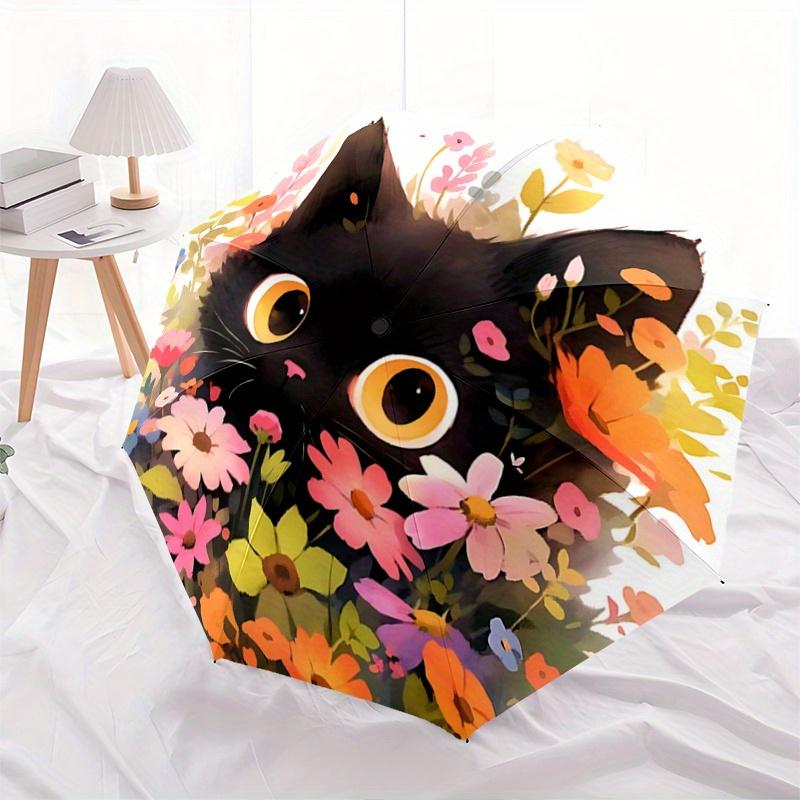 1pc Flower Black Cat Pattern Beautiful Looking Automatic Folding Umbrella, 3 Folding, 8 Pole Frame Design, Durable and Suitable for Travel and Daily U