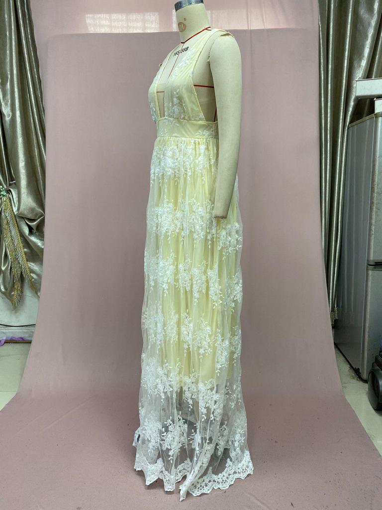 Summer 2025 European & American Women's Sexy Lace Deep V Sleeveless Evening Dress