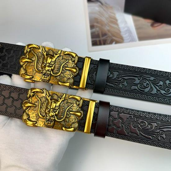 New Men's Embossed Dragon Head Genuine Leather Belt with Automatic Buckle