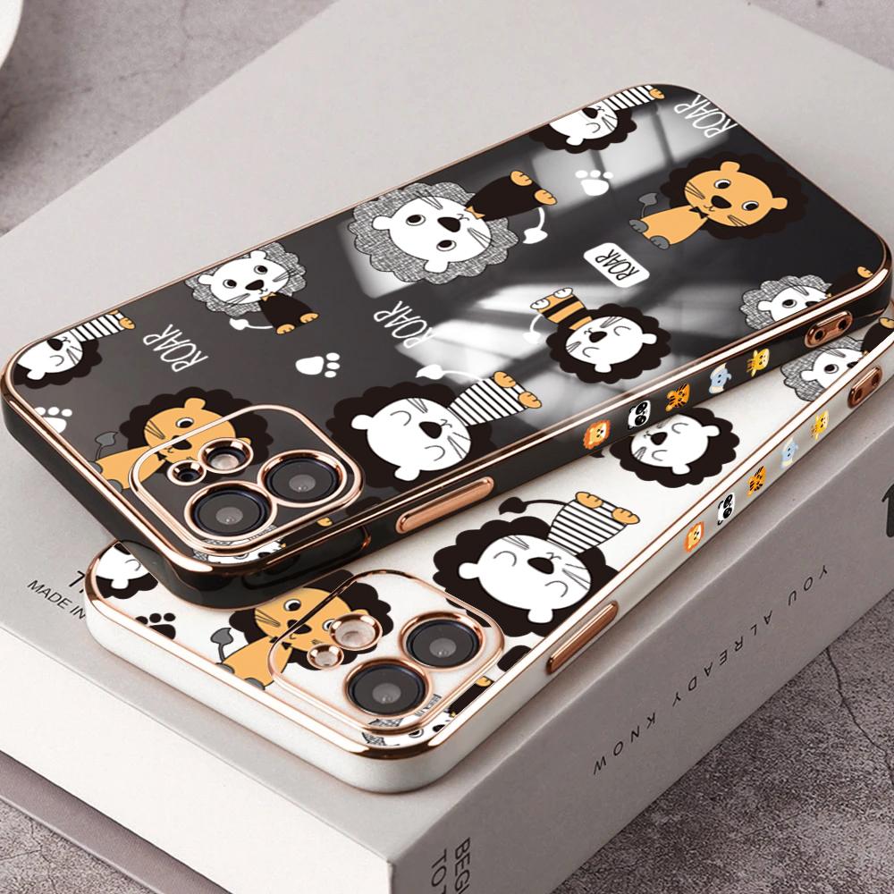 Pouzdro na telefon Fashion Lions Plating pro iPhone 11 13 15 Samsung Galaxy A52 Xiaomi Redmi 12C Note 10 Pro Oneplus měkké obaly na smartphone
