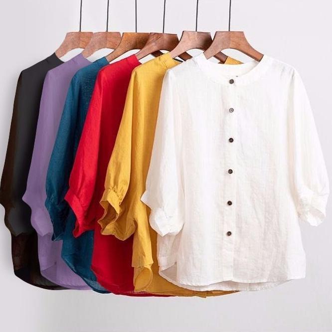 Summer Cotton and Linen Shirt Women's Lantern Sleeves Retro Artistic Top Loose Middle Sleeves Plus Size Shirt Women