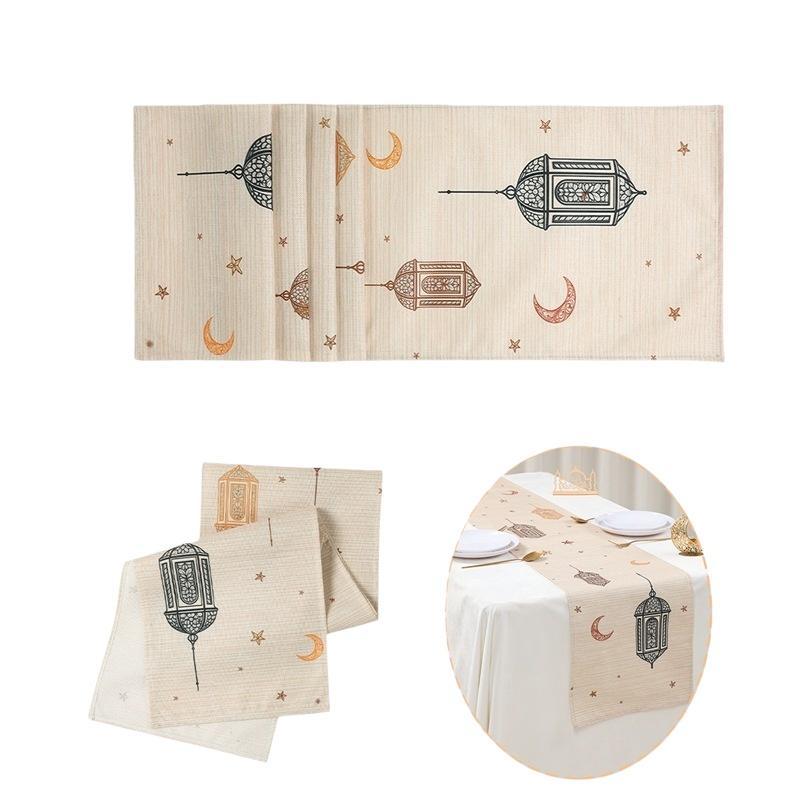 1Pcs Ramadan Eid Mubarak Polyester Table Runner Party Decor Moon Lantern Eid Dining Table Runners Ramadan Decorations