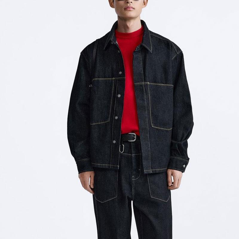 Zara Ss24 Year Of The Dragon Limited Edition Pocket Design Single-Breasted Square Neck Denim Long Sleeve Shirt Men Shirts Blue 7627408-400