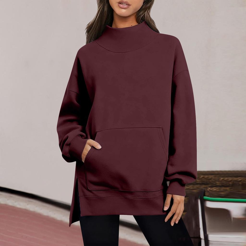 Womens Oversized Sweatshirts Turtleneck Side Slit Solid Color Long Sleeve Pullover Trendy Outfits Clothes with Pocket