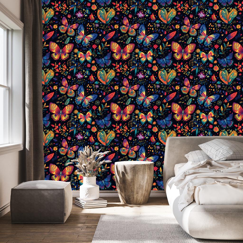 Wallpaper Colorful Butterflies Black and Navy Blue for Living Room and Bedroom 50x1000
