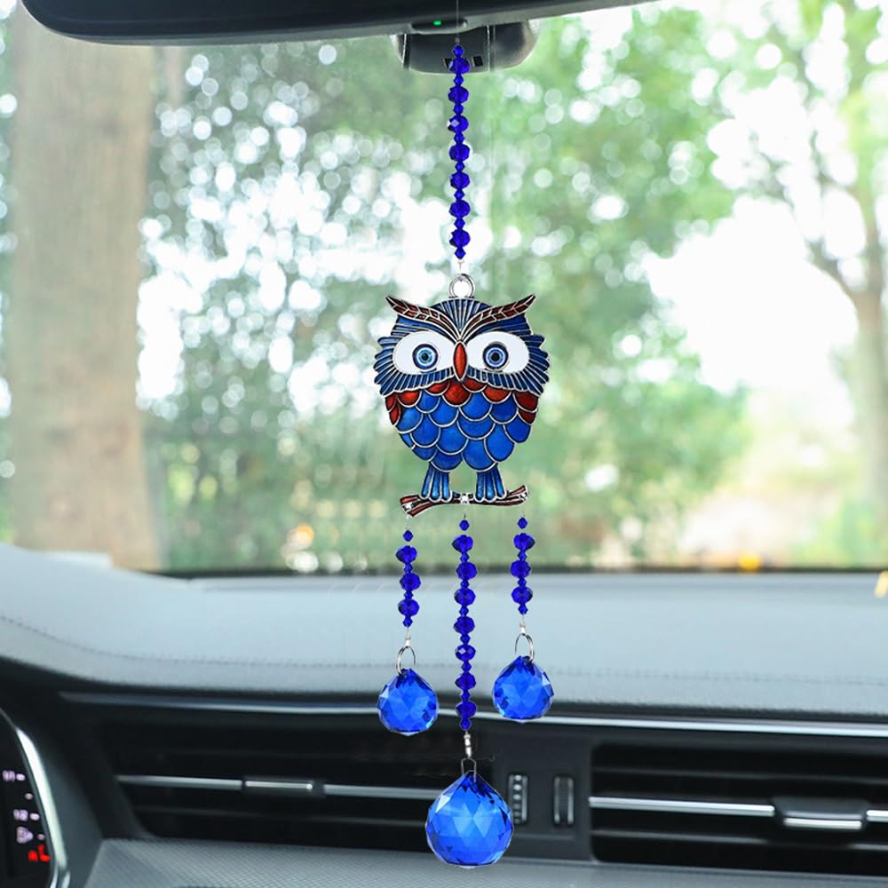 Decorative Owl Crystal Suncatcher with Blue Evil Eye Design and Glass Beads, Hanging Window Ornament (1 Owl)