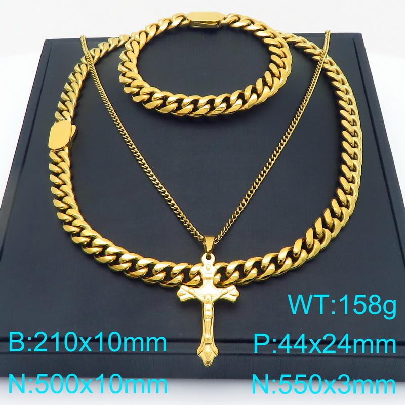 Men's Double Layer Cross Pendant Necklace for Men Gold Color Stainless Steel Cuban Link Chain Necklaces Bracelets Jewelry Set