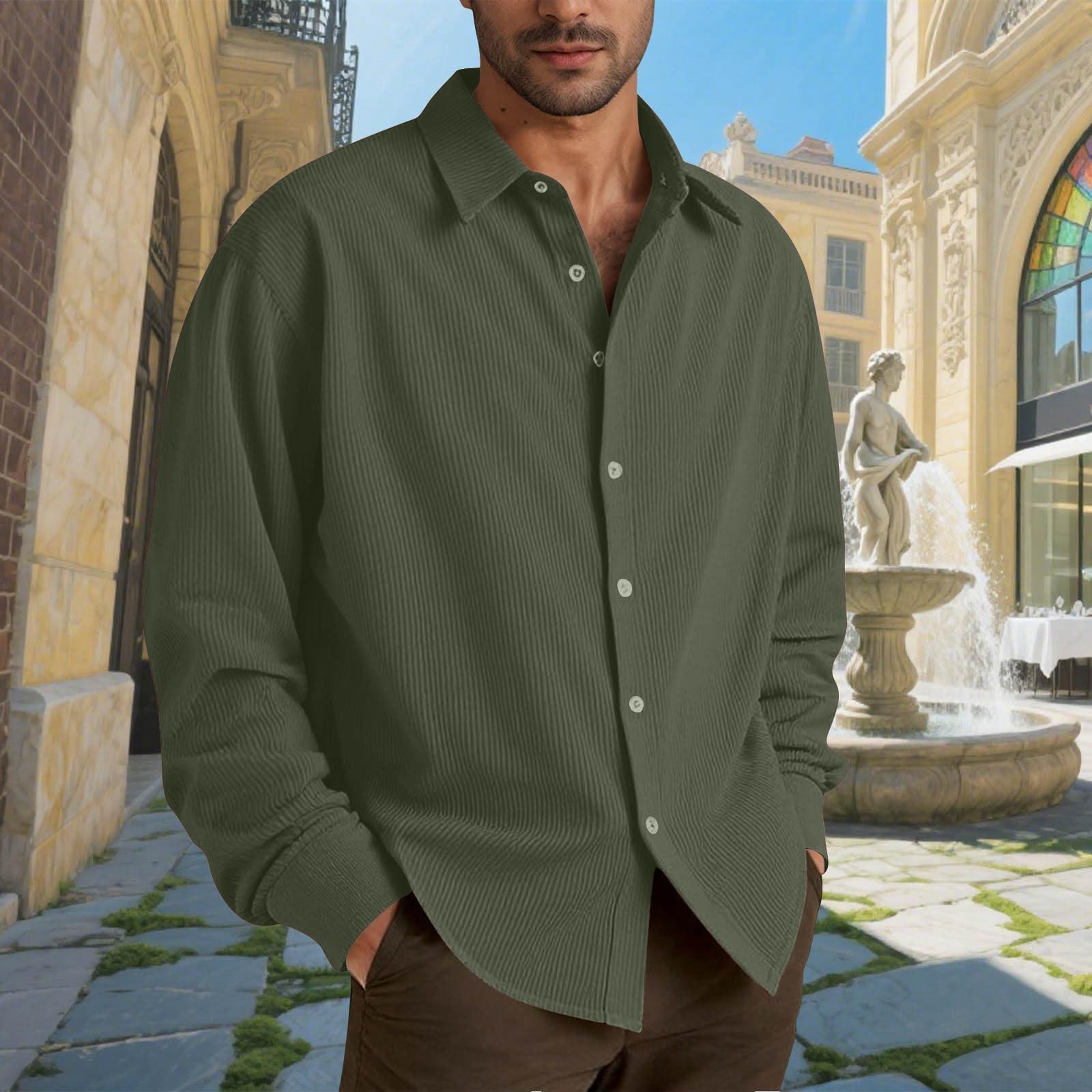 

Мужские хлопковые рубашки с длинным рукавом, повседневная текстурированная футболка на пуговицах, свободные топы для отпуска, пляжа, легкие L зелёный