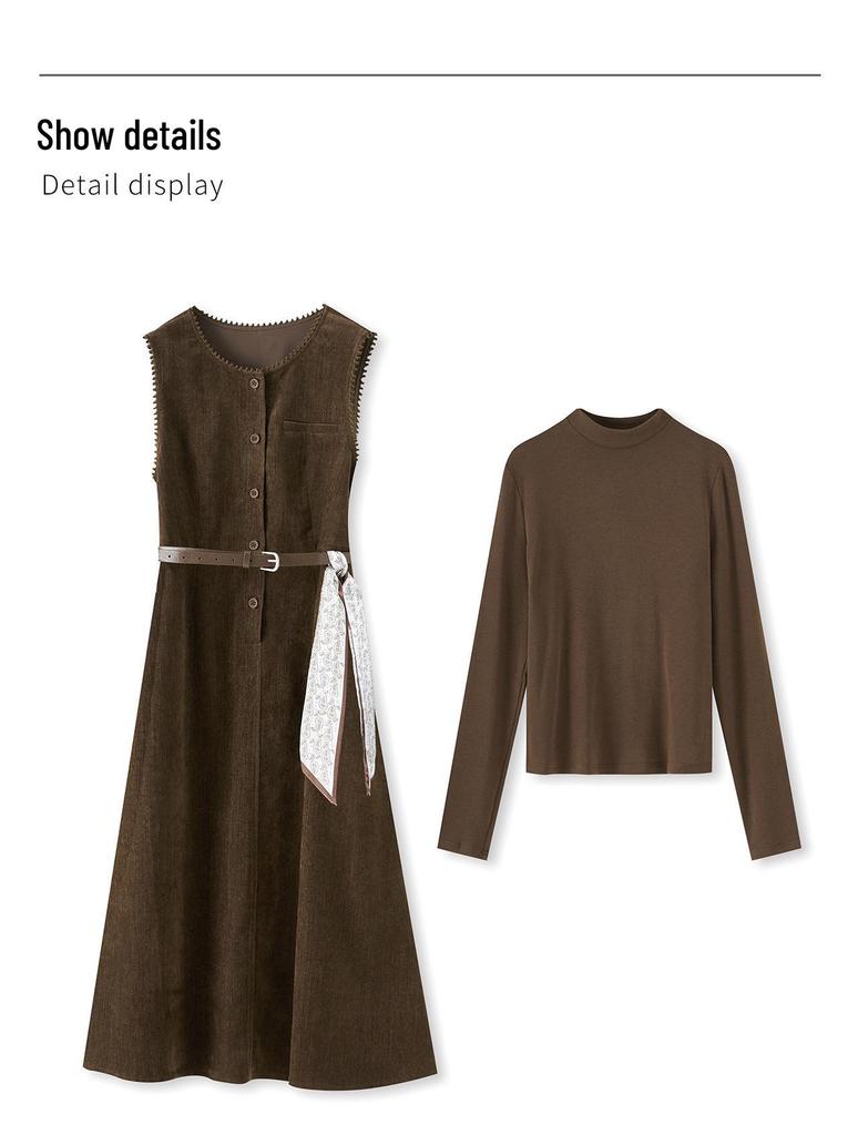 French Solid Color Inner Layer Base Shirt & Chenille Vest Dress Two-Piece Set