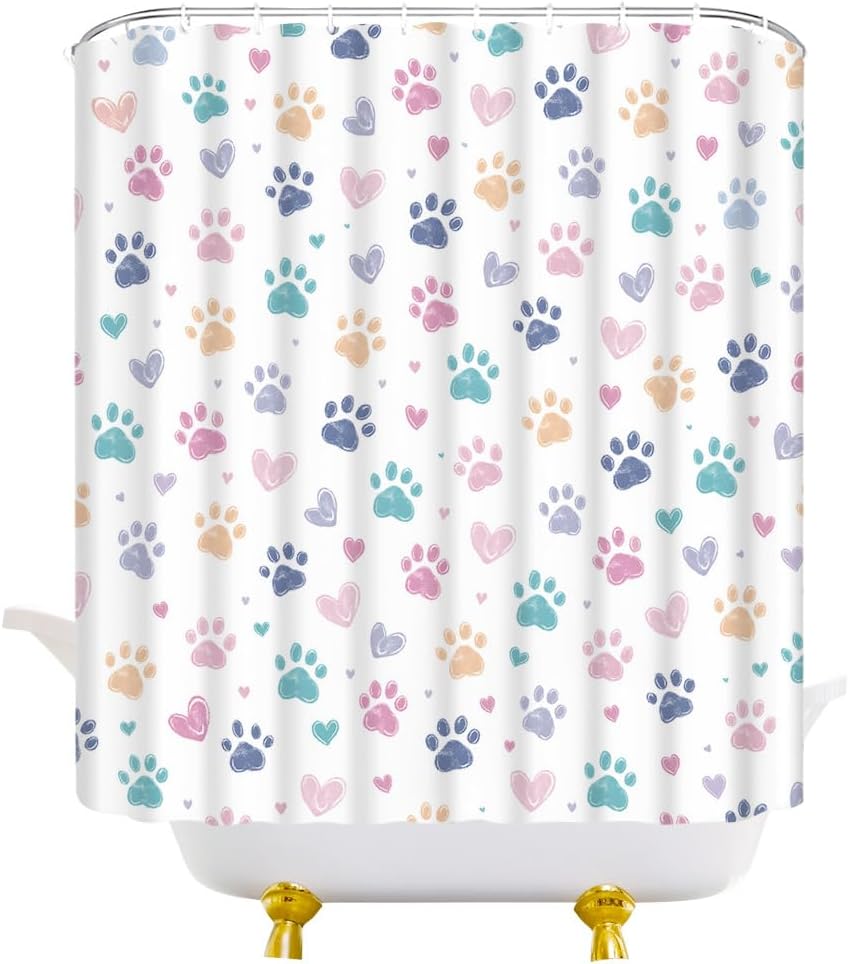 Cat Dog Paw Print Shower Curtain Cute Colorful Animal Pet Paw Print Fabric Bathroom Decor Curtains with Hooks, 70" Wx70 H