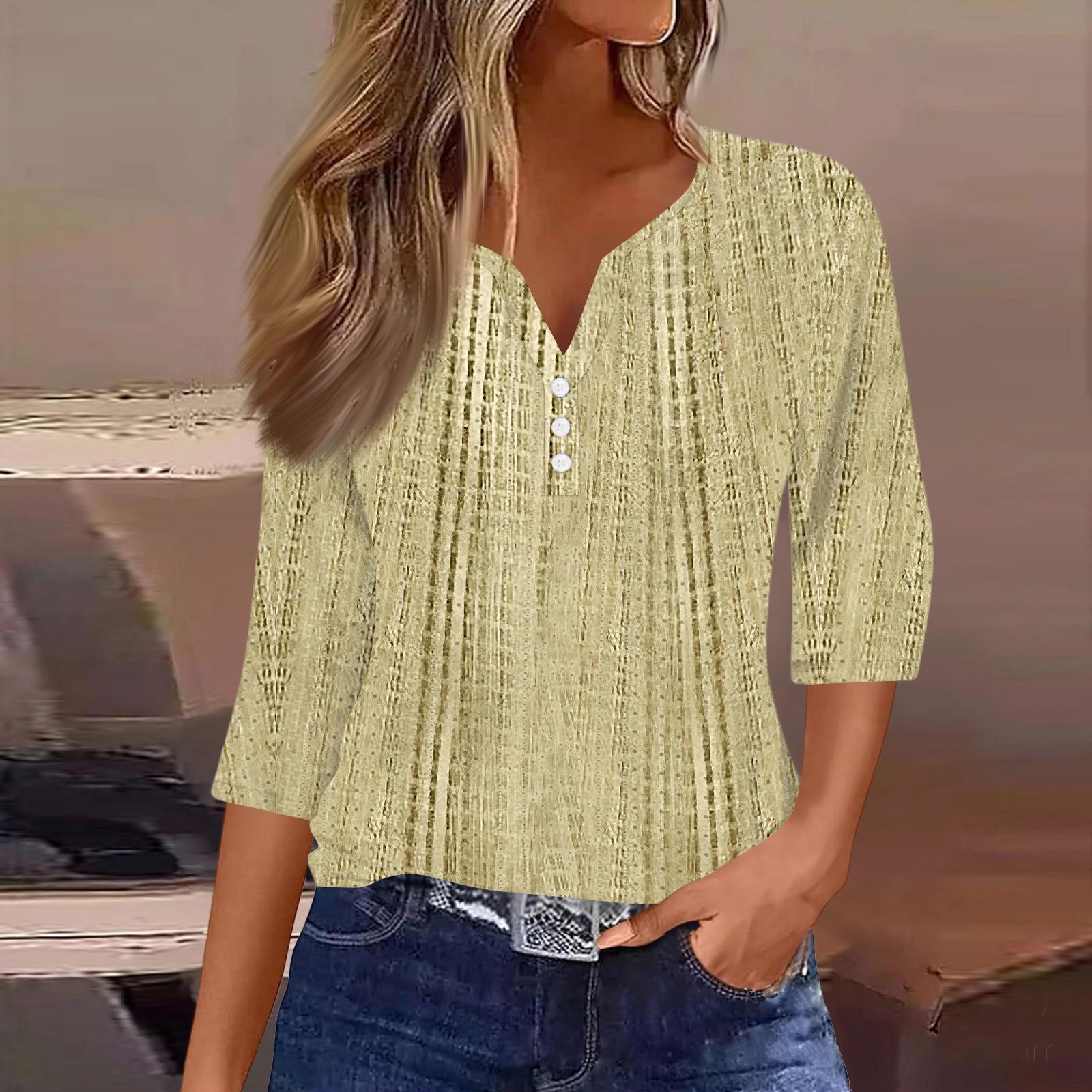 

Жен. Футболка Футболка С принтом Пуговицы Рукав 3/4Ежедневно Выходные Мода Классический Топ с v-образным вырезом Обычный XL жёлтый