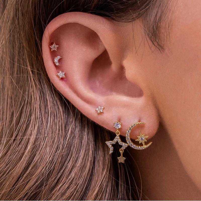 Design Stainless Steel Cubic Zirconia Chain Hoop Earring For Women Star Moon Pendant Punk Cartilage Piercing Jewelry