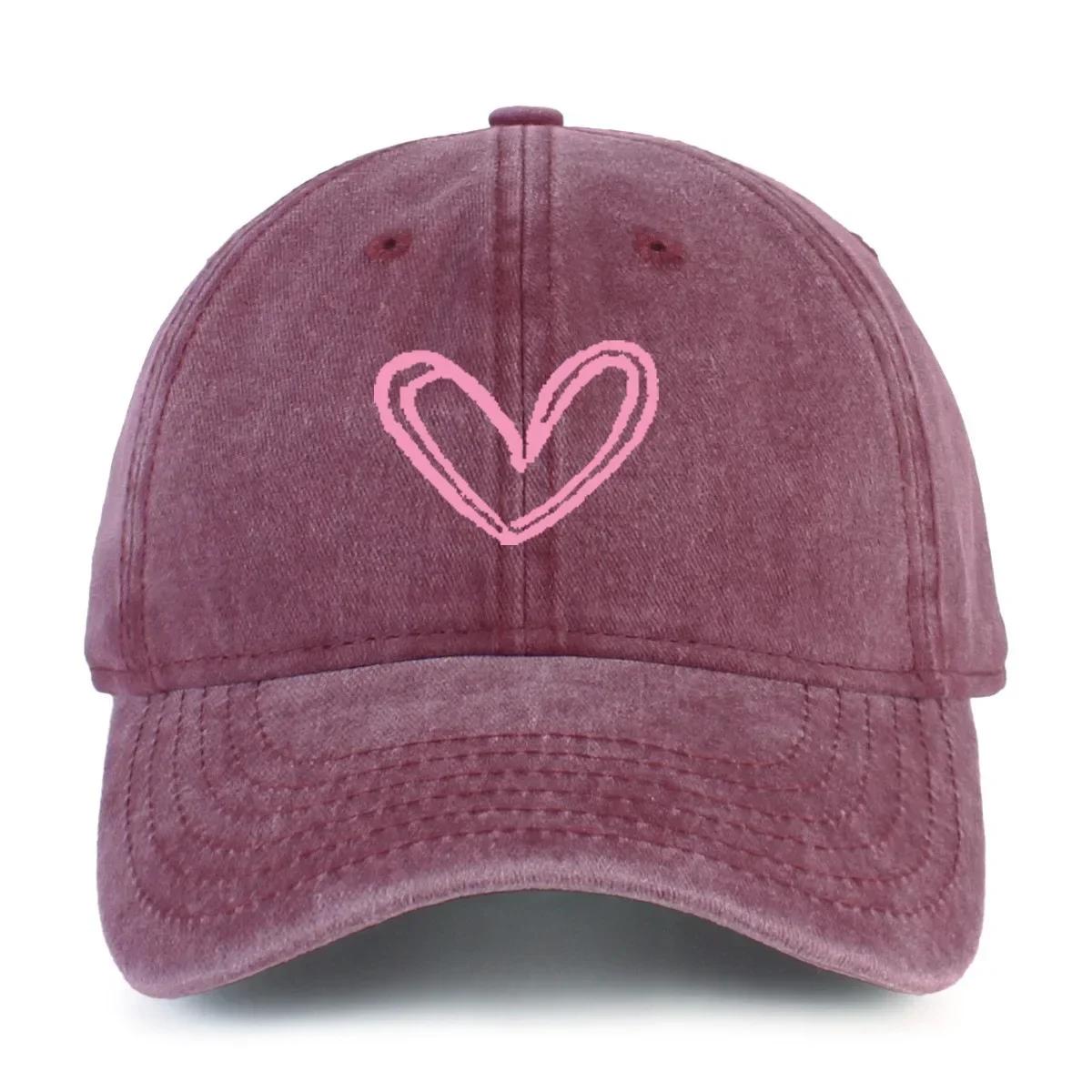 Versatile Heartshaped Printed Washed and Aged Baseball Caps for Men and Women Couple Baseball Caps Casual Sun Protection Adjustable