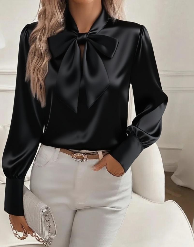 Women's Satin Bow Tie Blouse, Lapel Collar Long Sleeve Shirt, Multiple Color Options