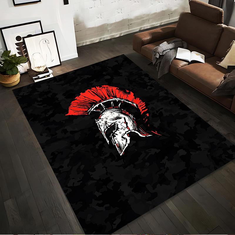 Spartan Helmet Design Carpet with Red Crest on Black Camouflage Background Suitable for use as an anti-slip for living room bedroom sofas